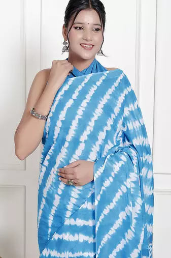 Women sky blue pure cotton printed bandhej ehtnic saree aay-119