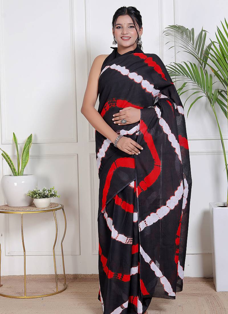 Women black pure cotton printed bandhej ehtnic saree aay-122
