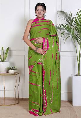 Women green pure cotton printed bandhej ehtnic saree aay-123 1