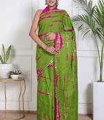 Women green pure cotton printed bandhej ehtnic saree aay-123