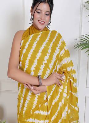 Women yellow pure cotton printed bandhej ehtnic saree aay-124 3