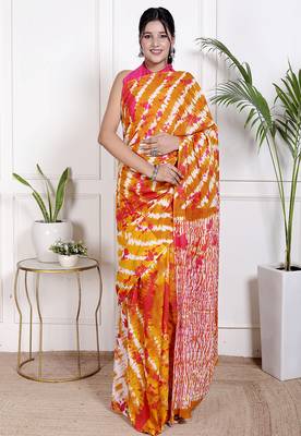 Women orange pure cotton printed bandhej ehtnic saree aay-127 1
