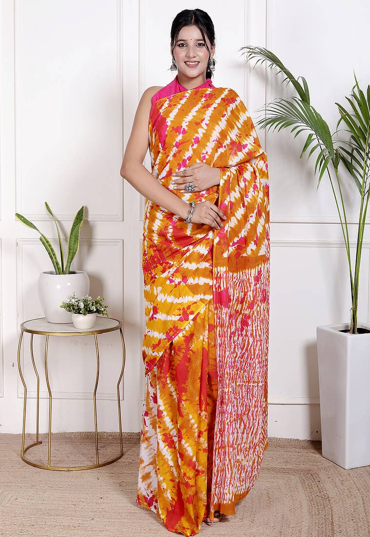 Women orange pure cotton printed bandhej ehtnic saree aay-127