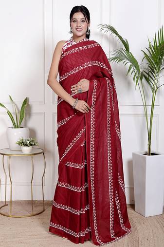 Women red pure cotton printed bandhej ehtnic saree aay-128