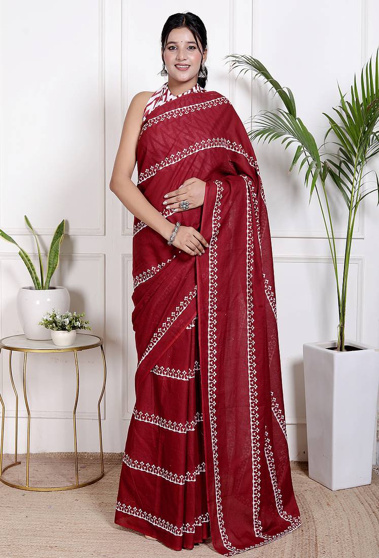 Women red pure cotton printed bandhej ehtnic saree aay-128