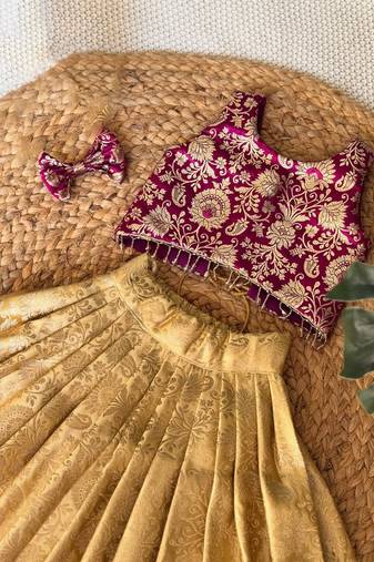 Maroon gold zari woven floral brocade silk banarasi jacquard flared lehenga choli girls ethnic wear kids lehenga choli