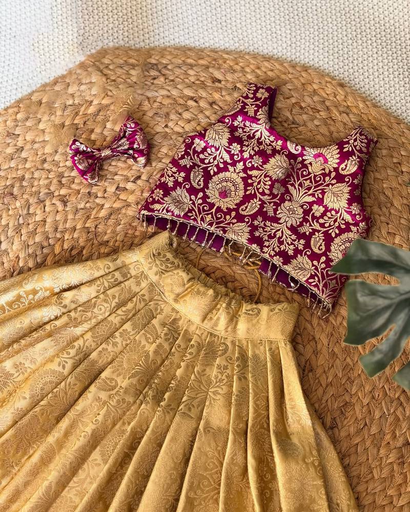 Maroon gold zari woven floral brocade silk banarasi jacquard flared lehenga choli girls ethnic wear kids lehenga choli