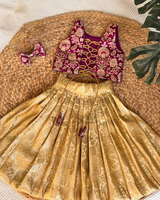 Purple gold zari woven floral brocade silk banarasi jacquard flared lehenga choli girls ethnic kids lehenga choli 2
