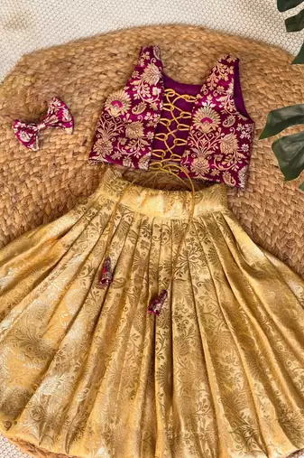 Purple gold zari woven floral brocade silk banarasi jacquard flared lehenga choli girls ethnic kids lehenga choli