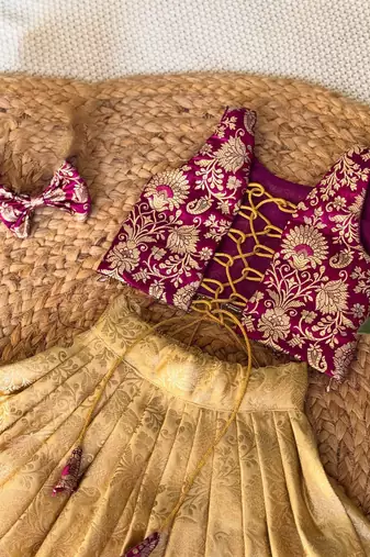Purple gold zari woven floral brocade silk banarasi jacquard flared lehenga choli girls ethnic kids lehenga choli