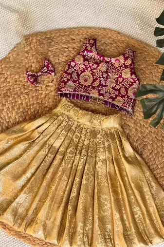 Purple gold zari woven floral brocade silk banarasi jacquard flared lehenga choli girls ethnic kids lehenga choli