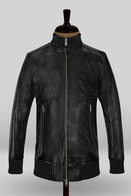 men's black lambskin leather bomber jacket ribbed cuffs and waist refined 1