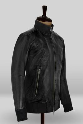men's black lambskin leather bomber jacket ribbed cuffs and waist refined 2