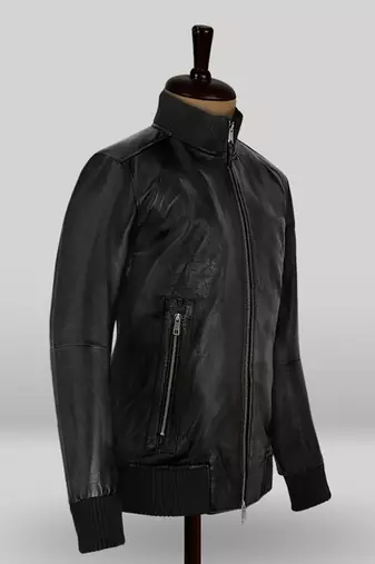 men's black lambskin leather bomber jacket ribbed cuffs and waist refined