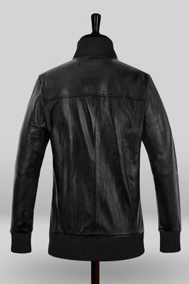 men's black lambskin leather bomber jacket ribbed cuffs and waist refined 3