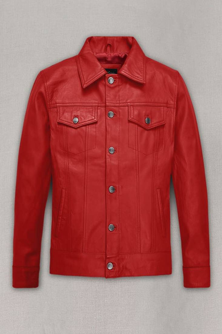 Stylish red lambskin leather jacket button pocket slim fit moto style  jacket