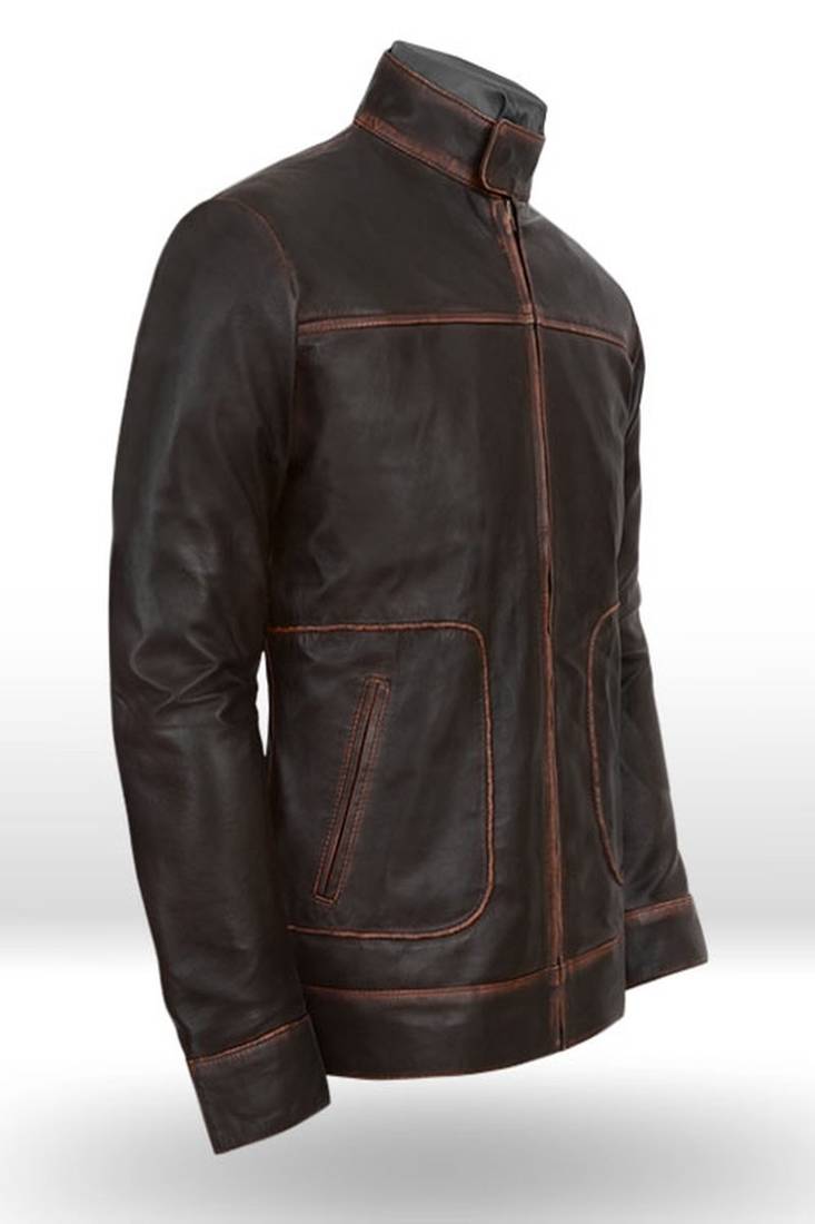 Vintage brown  lambskin leather jacket collor button moto café racer