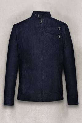 men's blue suede cafe racer jacket band collar racer style 1