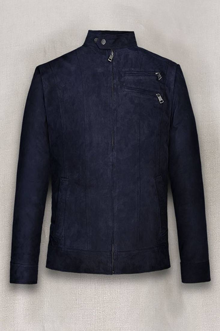 Men's blue suede leather leather jacket  slim fit motor style café racer