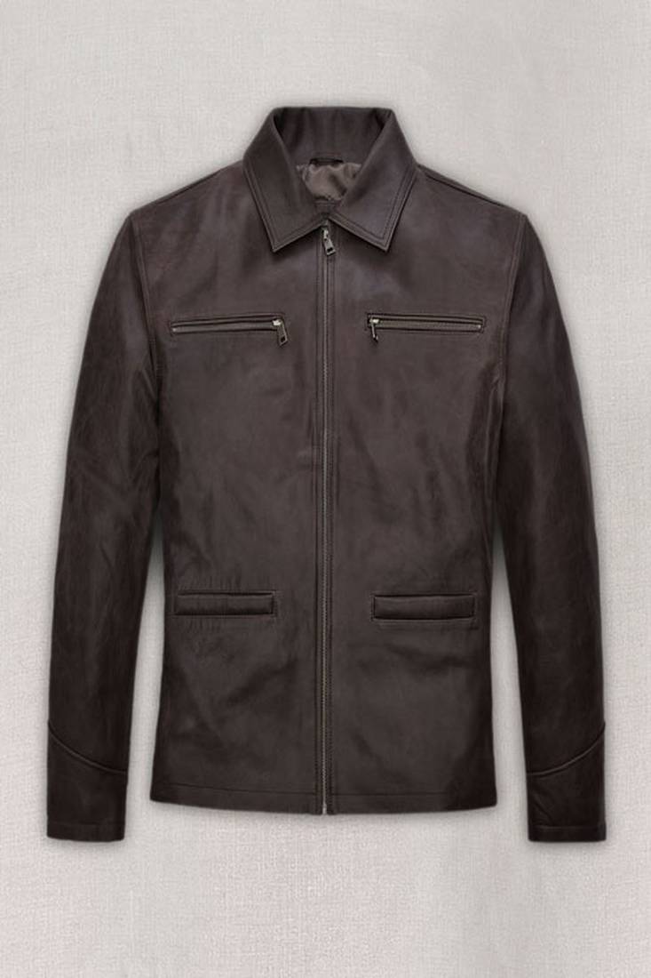 Men's collar brown lambskin leather biker jacket  slim fit moto style