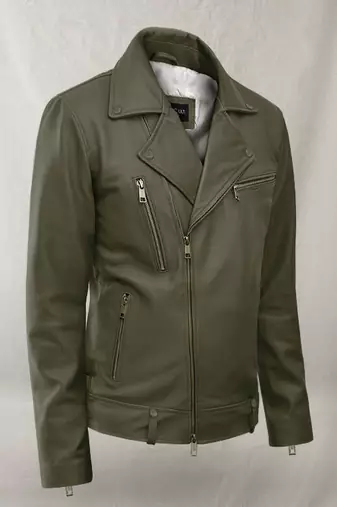 Stylish green zipper lambskin leather biker jacket  slim fit moto style