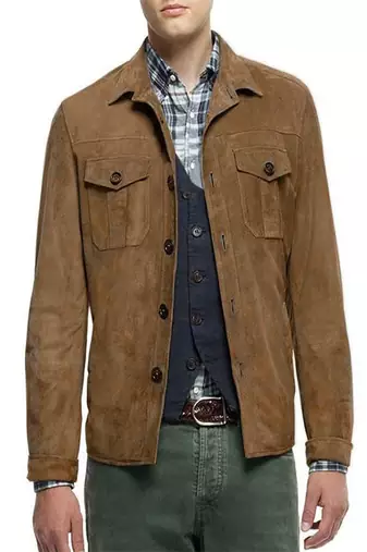 Men's brown suede button leather leather jacket slim fit motor style