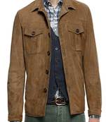 Men's brown suede button leather leather jacket slim fit motor style