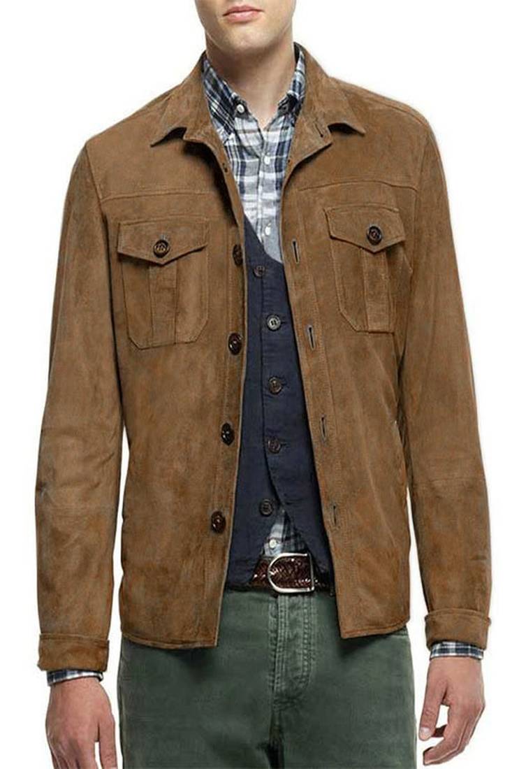 Men's brown suede button leather leather jacket slim fit motor style