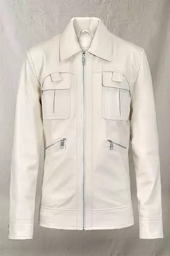Stylish white button pocket  lambskin leather jacket slim fit moto style jacket