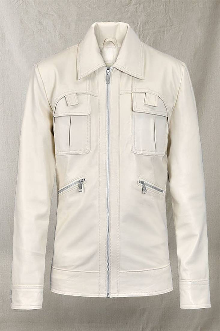 Stylish white button pocket  lambskin leather jacket slim fit moto style jacket