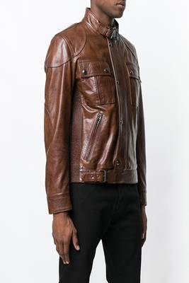men's brown lambskin leather biker jacket classic zip up style 2