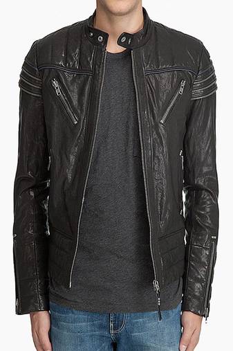 men's black lambskin leather biker jacket classic zip up style authentic