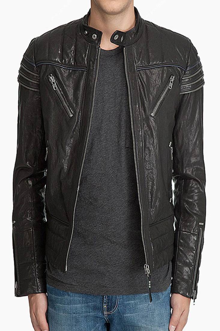 Classic leather black zip pockets lambskin jacket slim fit moto style
