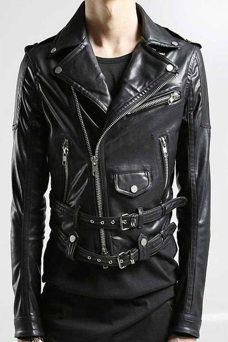 Men's classic leather black zip pockets lambskin jacket slim fit moto style