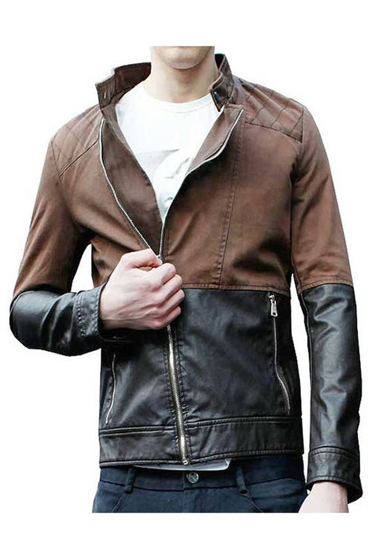 Stylish brown black pure lambskin leather jacket slim fit classic look