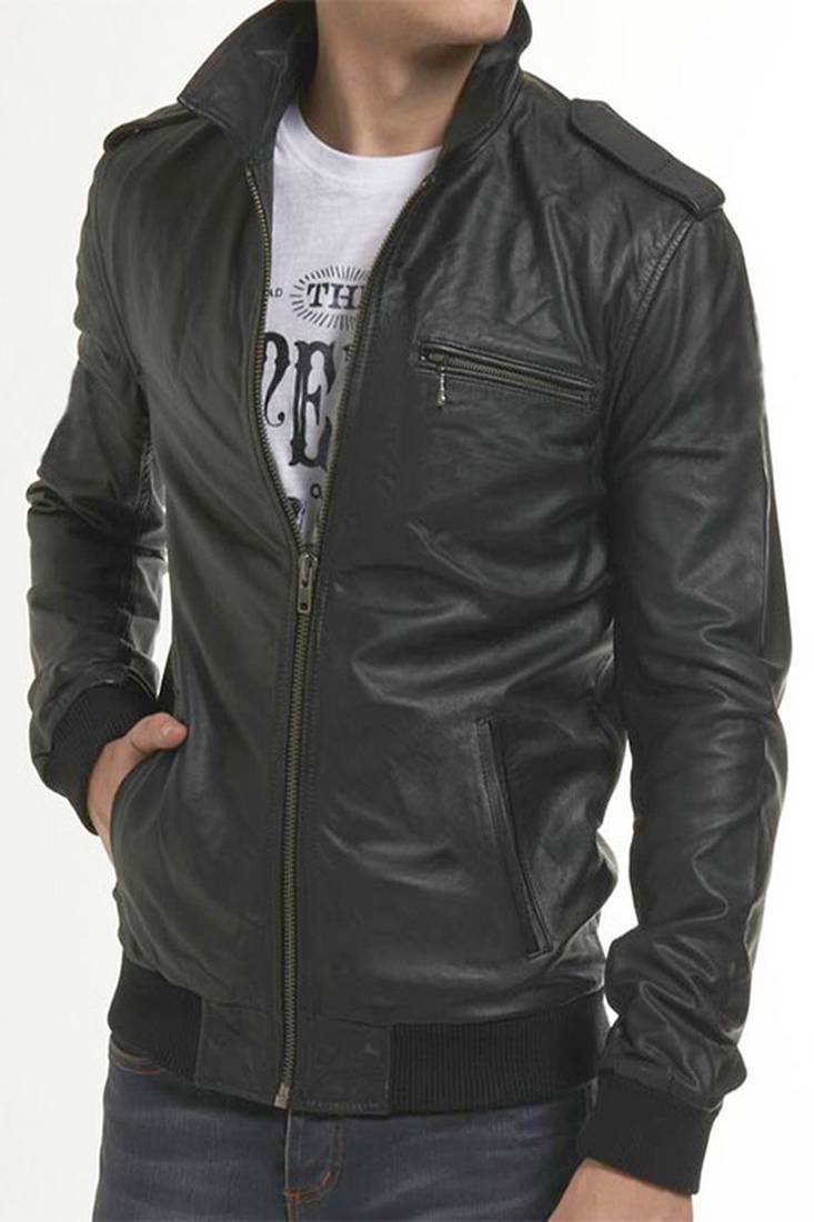 Men's genuine pure lambskin black leather jacket rib cuffs slim fit motorcycle jacket