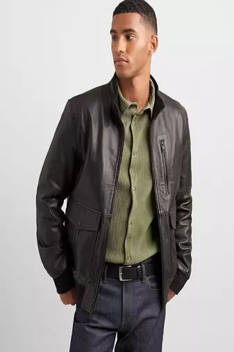 Genuine soft leather bomber rib waist lambskin men's leather jacket  black motor jacket