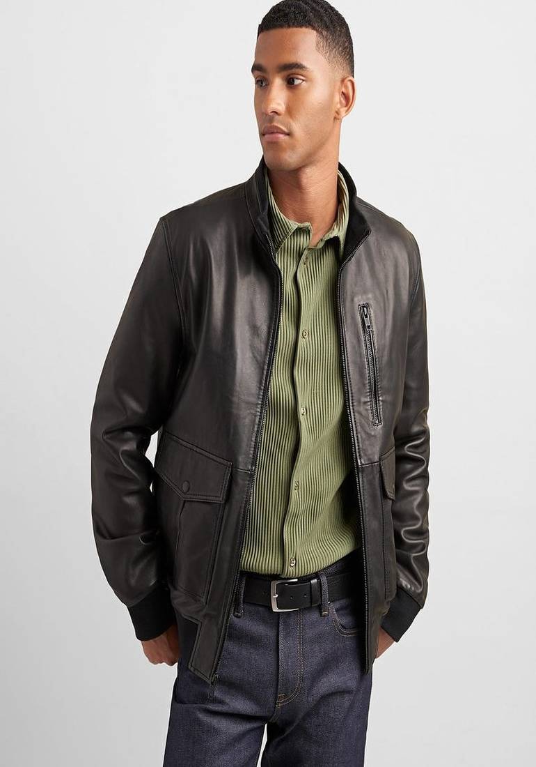 Genuine soft leather bomber rib waist lambskin men's leather jacket  black motor jacket