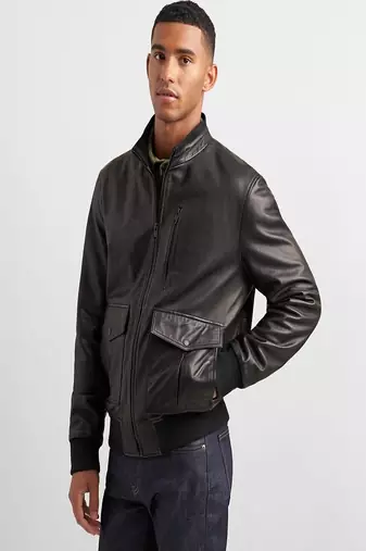 men's black lambskin leather bomber jacket ribbed cuffs and waist sophisticated
