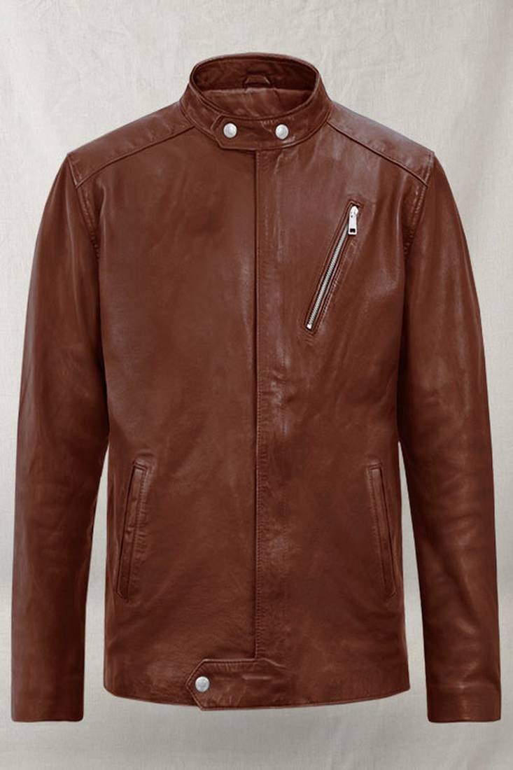 Brown one zip pocket stylish pure lambskin black leather jacket motorcycle jacket