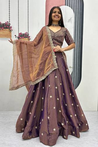 Wine Color  Embroidery beats& Sequence Work Silk Lahenga Choli Set