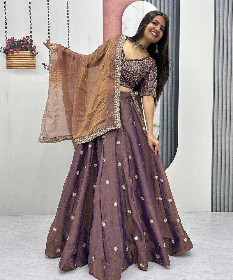 Wine Color  Embroidery beats& Sequence Work Silk Lahenga Choli Set