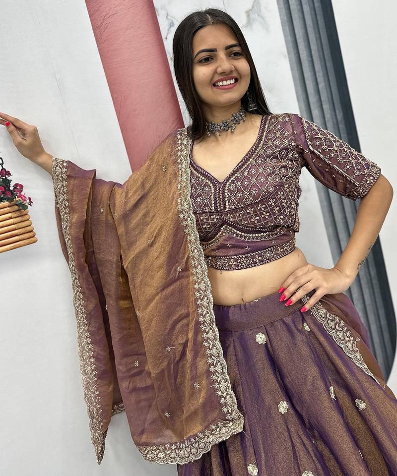 Wine Color  Embroidery beats& Sequence Work Silk Lahenga Choli Set