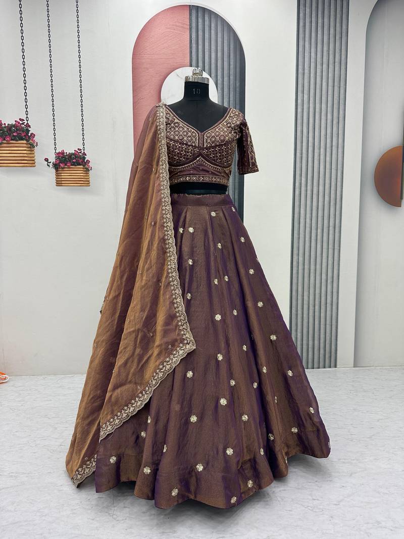 Wine Color  Embroidery beats& Sequence Work Silk Lahenga Choli Set