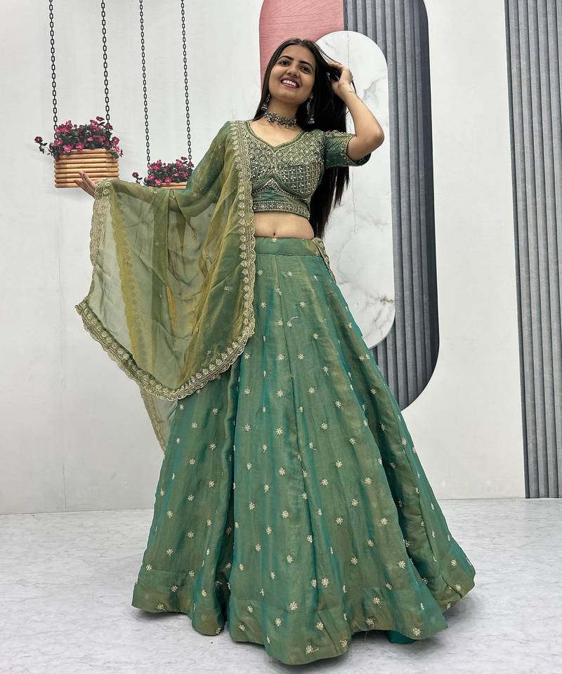 Sea Green Color  Embroidery beats& Sequence Work Silk Lahenga Choli Set