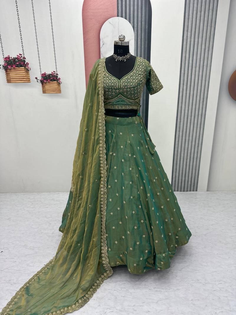 Sea Green Color  Embroidery beats& Sequence Work Silk Lahenga Choli Set