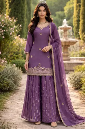 Purple chinon silk full stitched free size palazzo suits upto 42