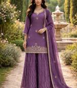 Purple chinon silk full stitched free size palazzo suits upto 42