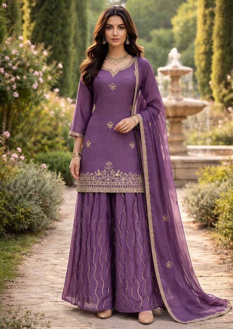 Purple chinon silk full stitched free size palazzo suits upto 42