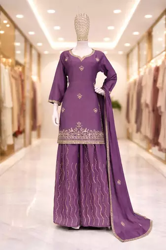 Purple chinon silk full stitched free size palazzo suits upto 42